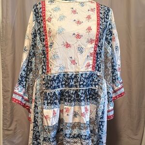 Floral Patchwork Blouse with Red and Blue Accents